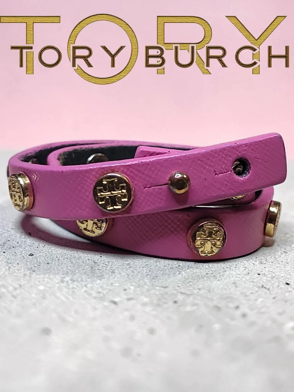 Tory Burch Pink Leather Wrap Bracelet with Gold Logo Studs Preloved